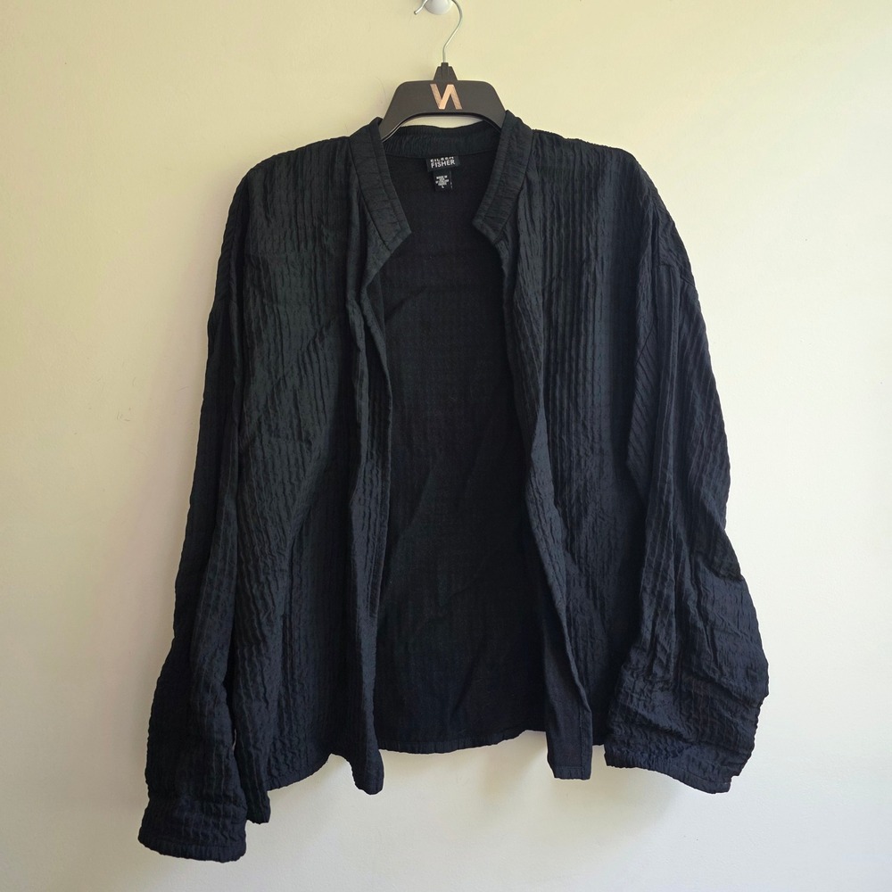 Eileen Fisher Black Textured Italian Fabric Open Front Cardigan Jacket Large